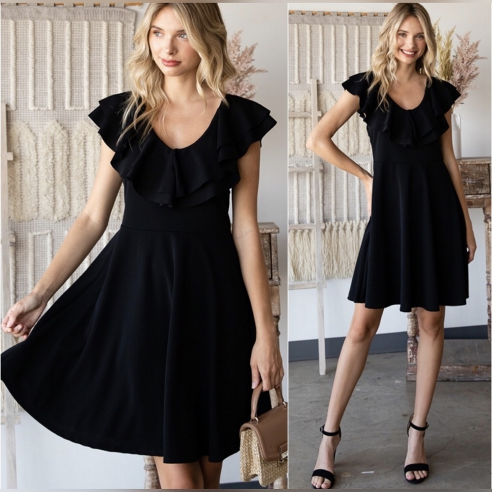Last ONE! Ruffles, Flowy, Solid Black, Ultra Flattering...the PERFECT LBD!